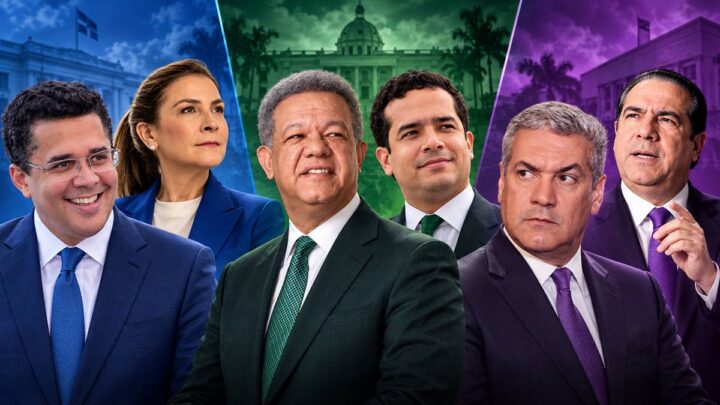 David Collado, Carolina Mejía, Leonel Fernández, Omar Fernández, Gonzalo Castillo y Francisco Javier García en montaje sobre las elecciones de 2028 en República Dominicana.